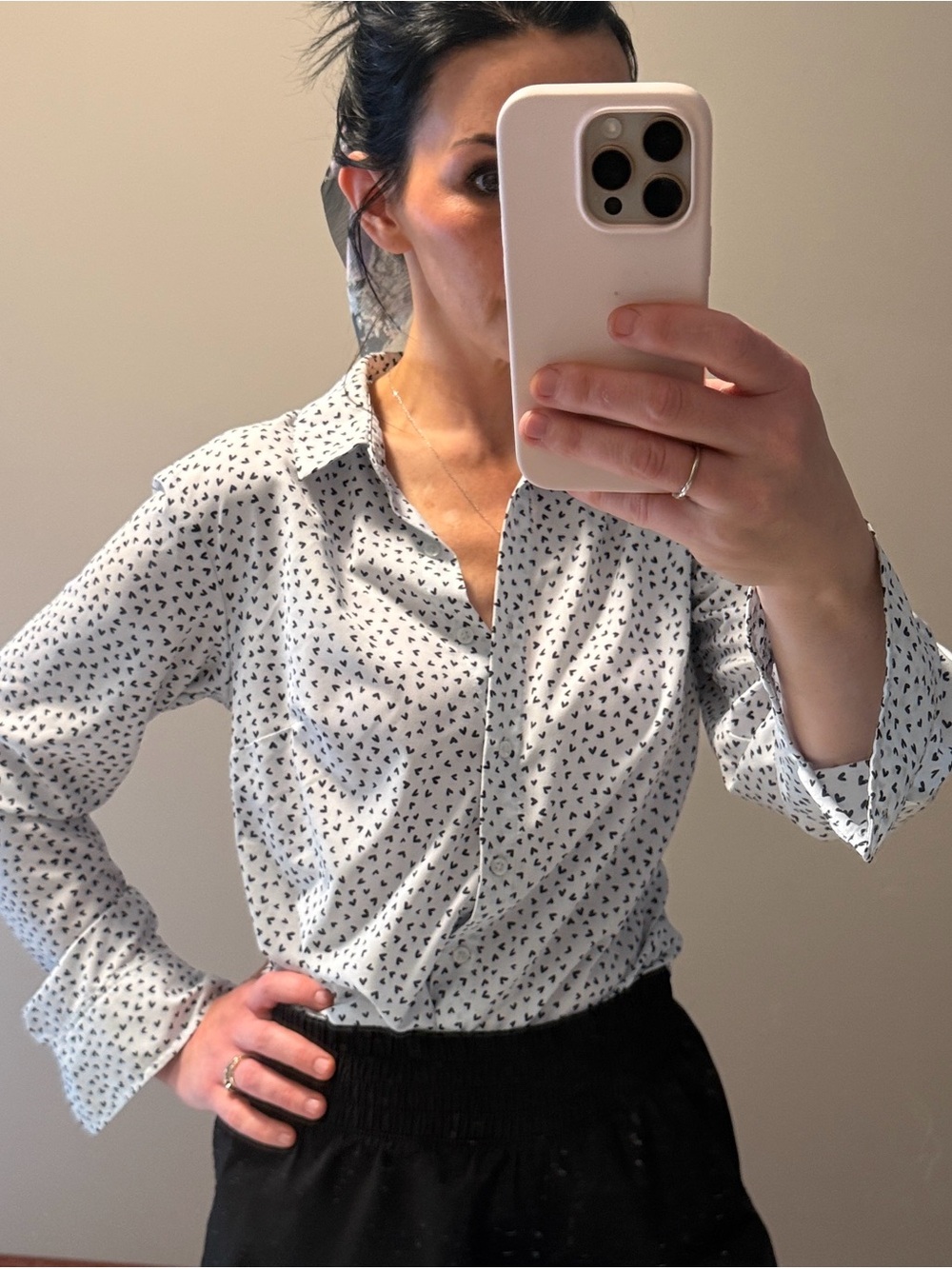 Navy hearts and white button down blouse